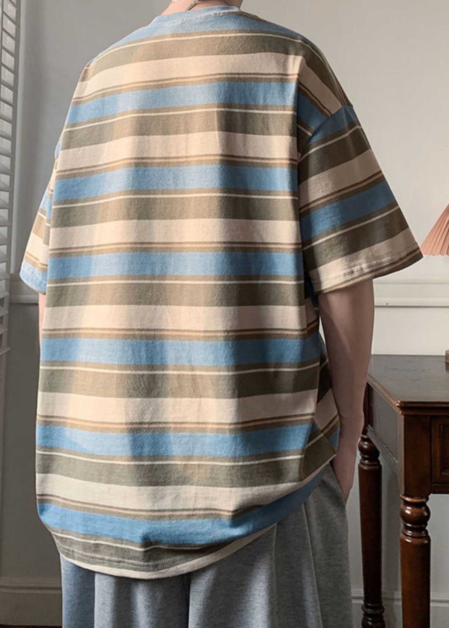 Summer Neck Cotton T O Letter Blue Striped Men Shirts FashionChic