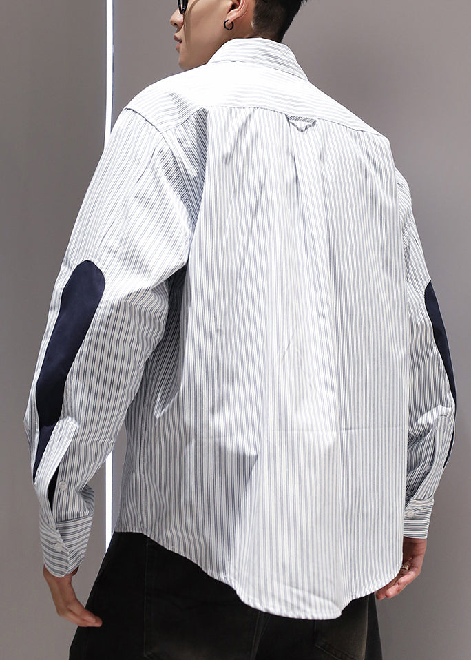 Collar Patchwork Shirts Peter Blue Cotton Striped Pockets Pan Men FashionChic