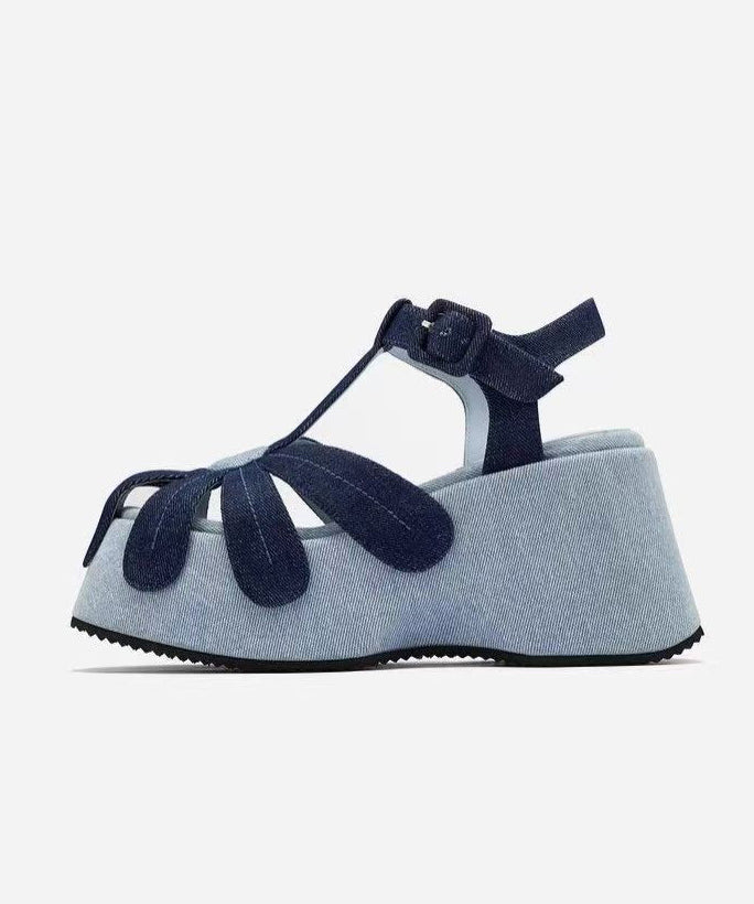Sandals Fabric Wedge Denim Out Blue Splicing Hollow Fashion FashionChic
