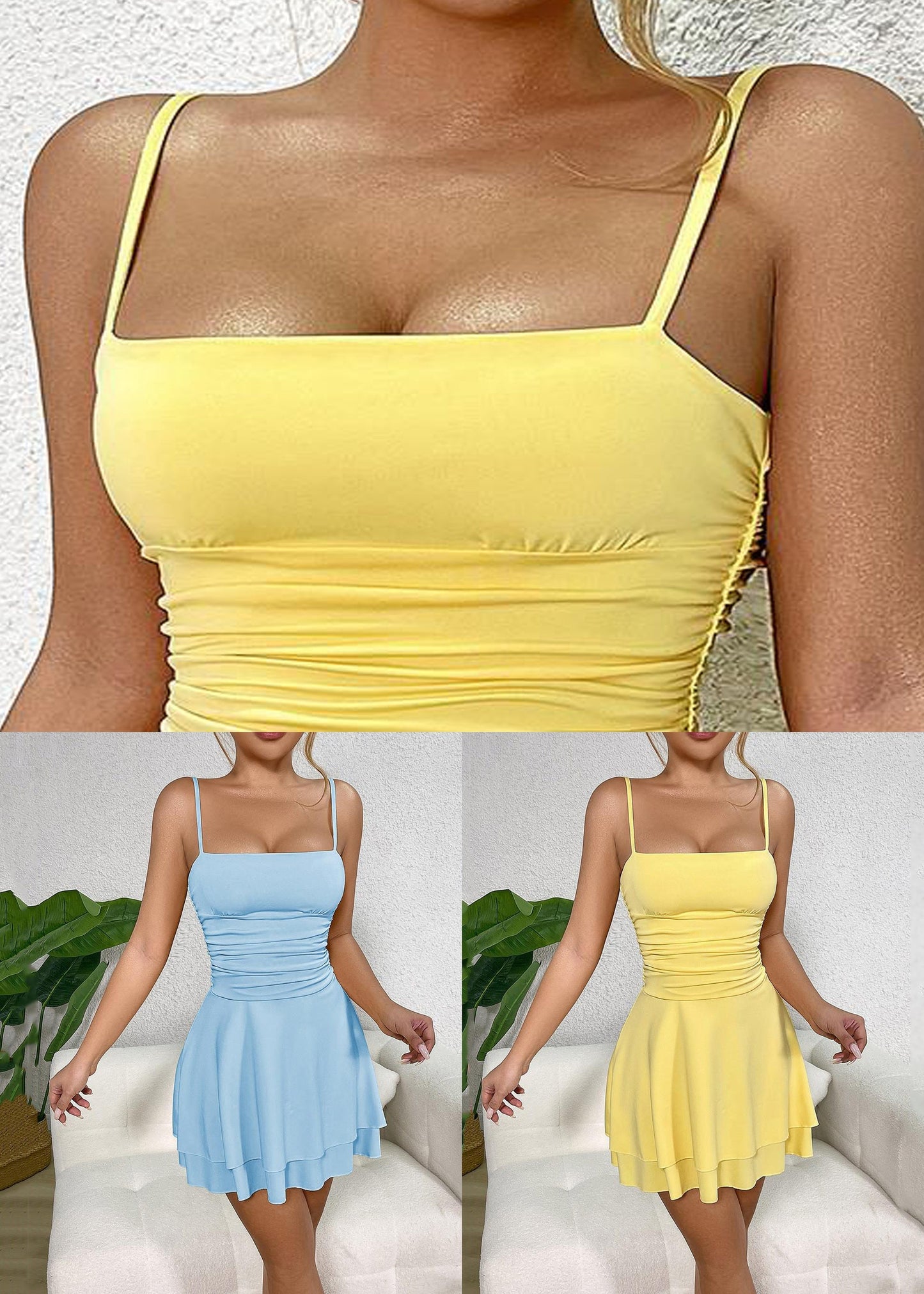 Spaghetti Sleeveless Blue Strapless Wrinkled Dress Solid Strap FashionChic