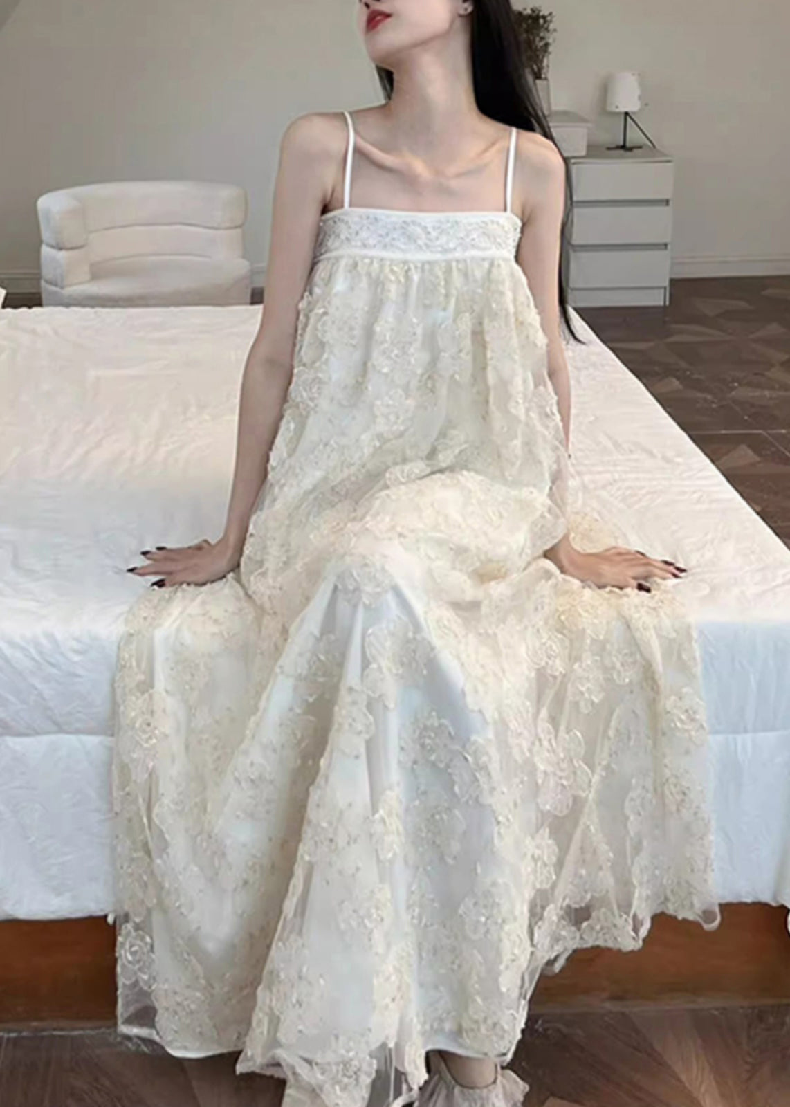 Dresses Beige Long Tulle Bohemian Patchwork Embroidered FashionChic