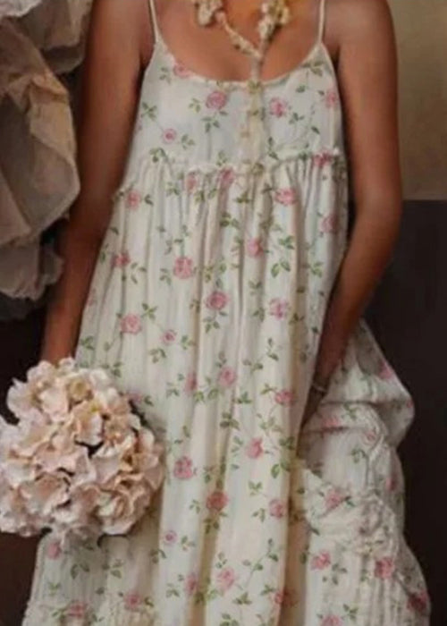 Bohemian Beige Ruffled Print Cotton Spaghetti Strap Dress Sleeveless FF047 MZF-SDL240607