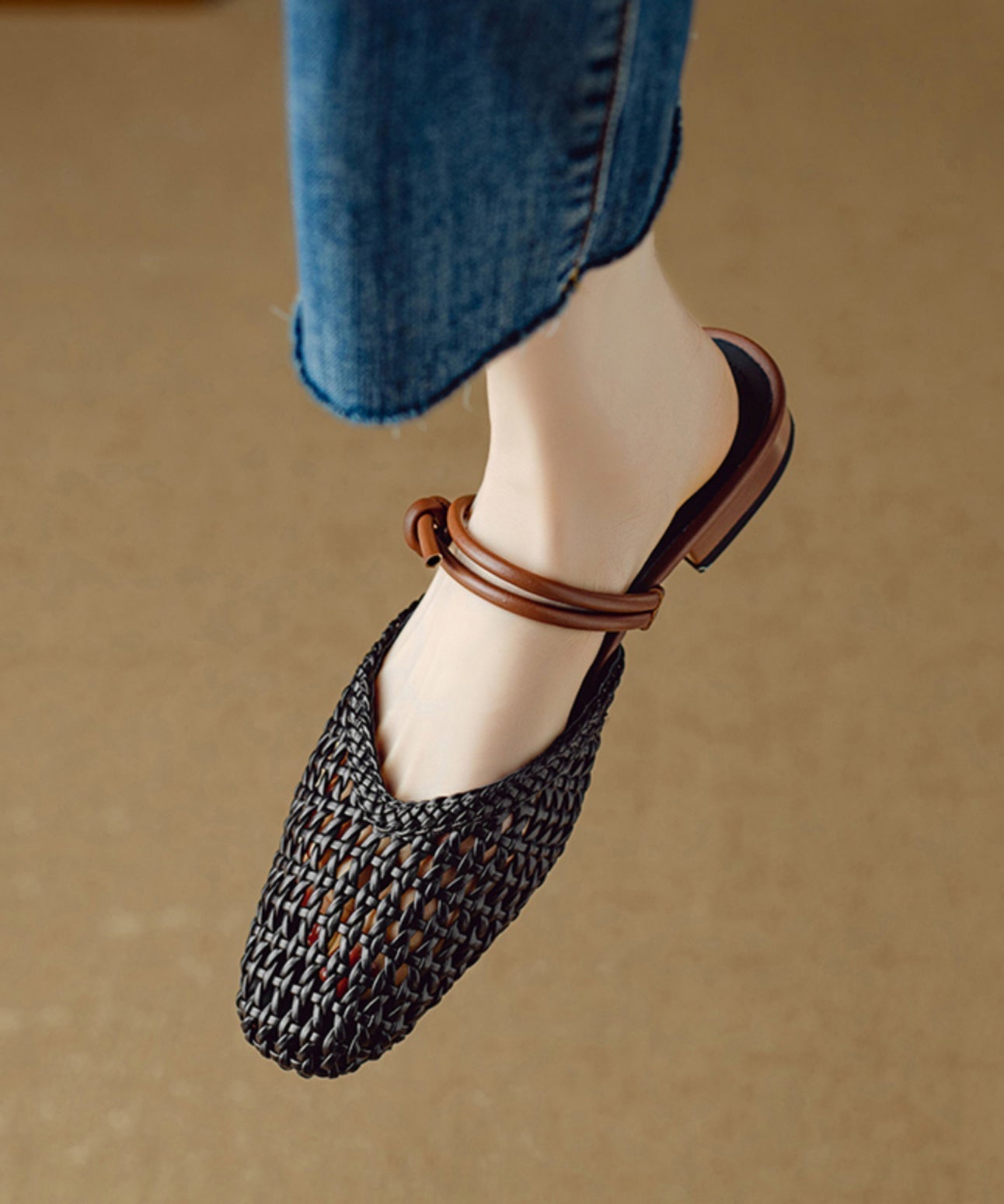 Sandals Hollow Beige Breathable Bohemian Woven Out Slide FashionChic