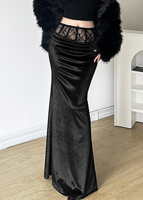 Bohemian Black Silm Fit Silk Velvet Wraped Skirt Spring YP052 ABC