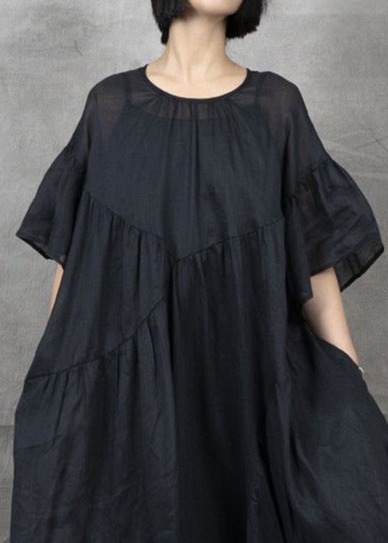 Bohemian Black Wrinkled Patchwork Maxi Dress Short Sleeve GH1043 Ada Fashion