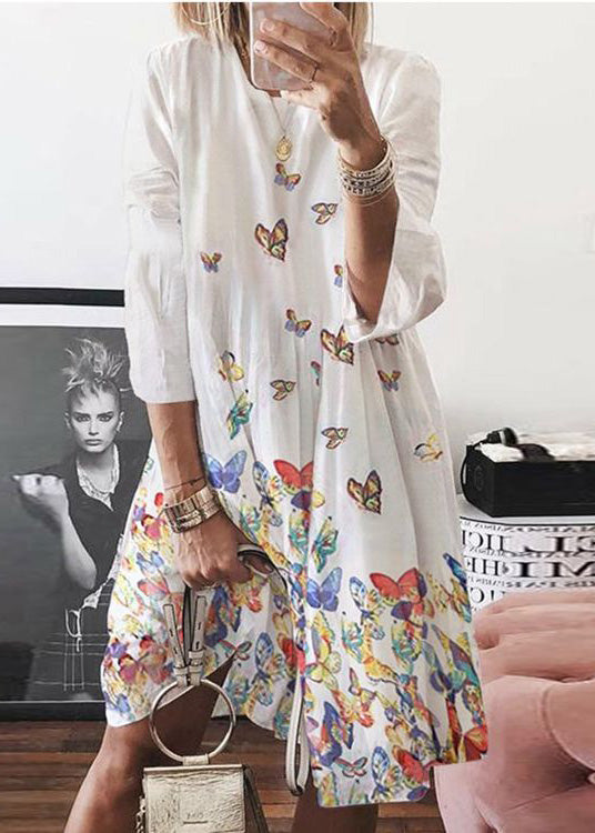 Blue Mid Butterfly Summer Dress Neck O Bohemian Print Cotton FashionChic