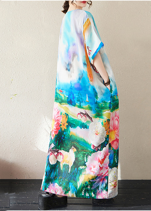 Bohemian Summer Dresses Cotton Oversized Blue Tie Dye Maxi FashionChic