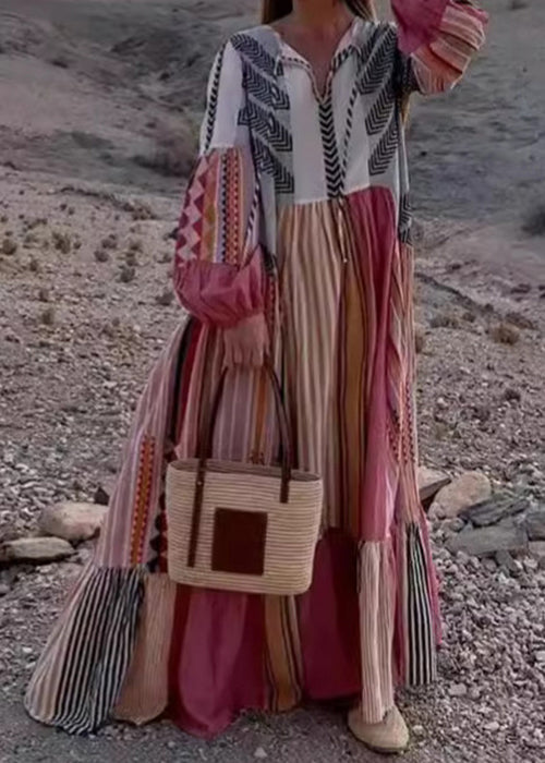 Bohemian Colorblock Lace Up Print Cotton Maxi Dress Long Sleeve BB055 Hawaii-FDL240622