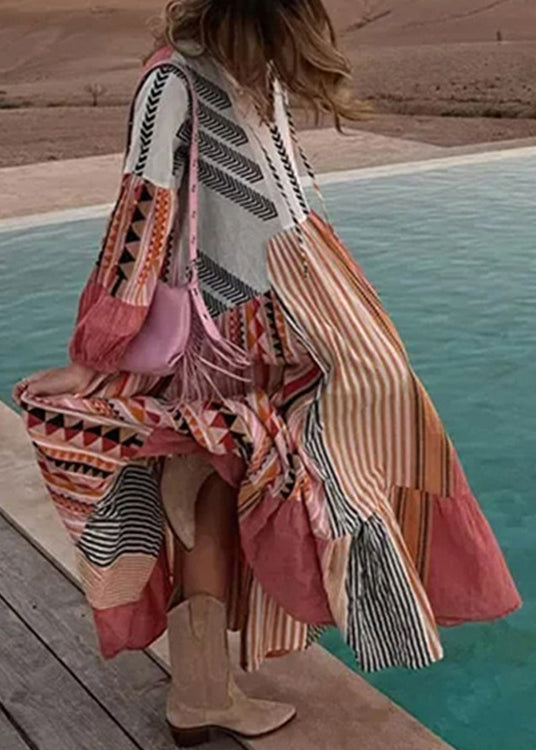 Bohemian Colorblock Lace Up Print Cotton Maxi Dress Long Sleeve BB055 Hawaii-FDL240622