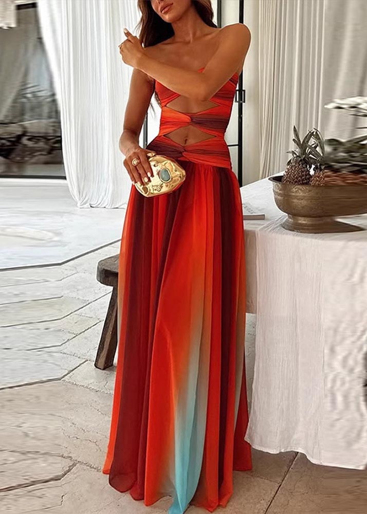 Hem Bohemian Large Exra Color Gradient Strapless Dress Chiffon FashionChic
