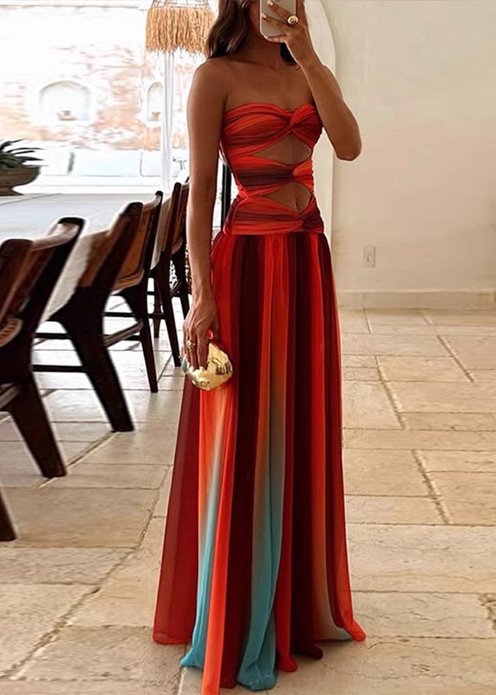 Hem Bohemian Large Exra Color Gradient Strapless Dress Chiffon FashionChic