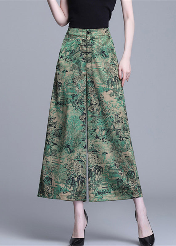 Bohemian Green High Waist Print Silk Wide Leg Pants Summer OO020 OM-CS240814