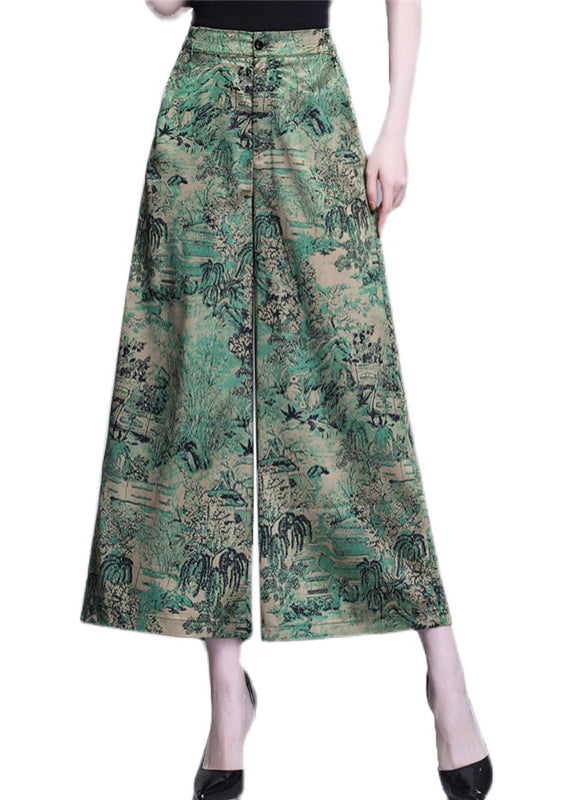 Bohemian Green High Waist Print Silk Wide Leg Pants Summer OO020 OM-CS240814