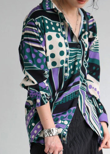 Bohemian Green Oversized Fall Top Print Shirt Chiffon FashionChic