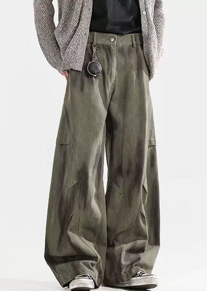 Pants Men Waist Elastic Cotton Dye Wrinkled Tie Green Bohemian FashionChic