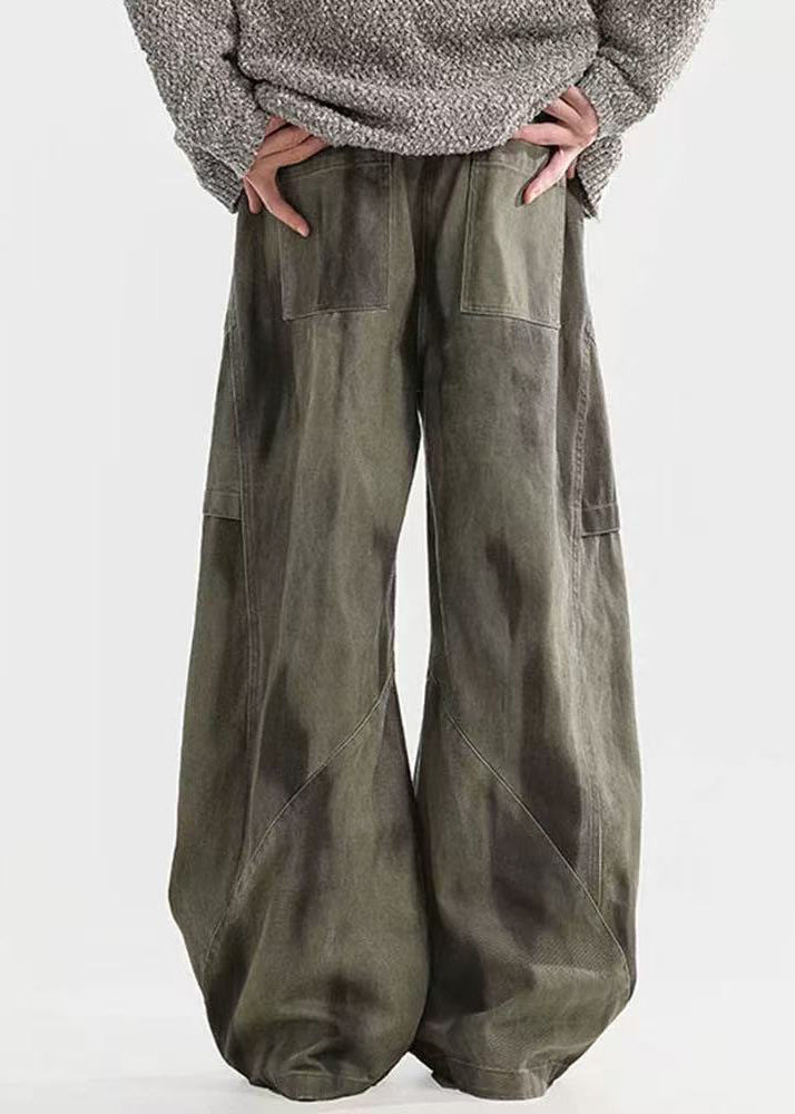 Pants Men Waist Elastic Cotton Dye Wrinkled Tie Green Bohemian FashionChic