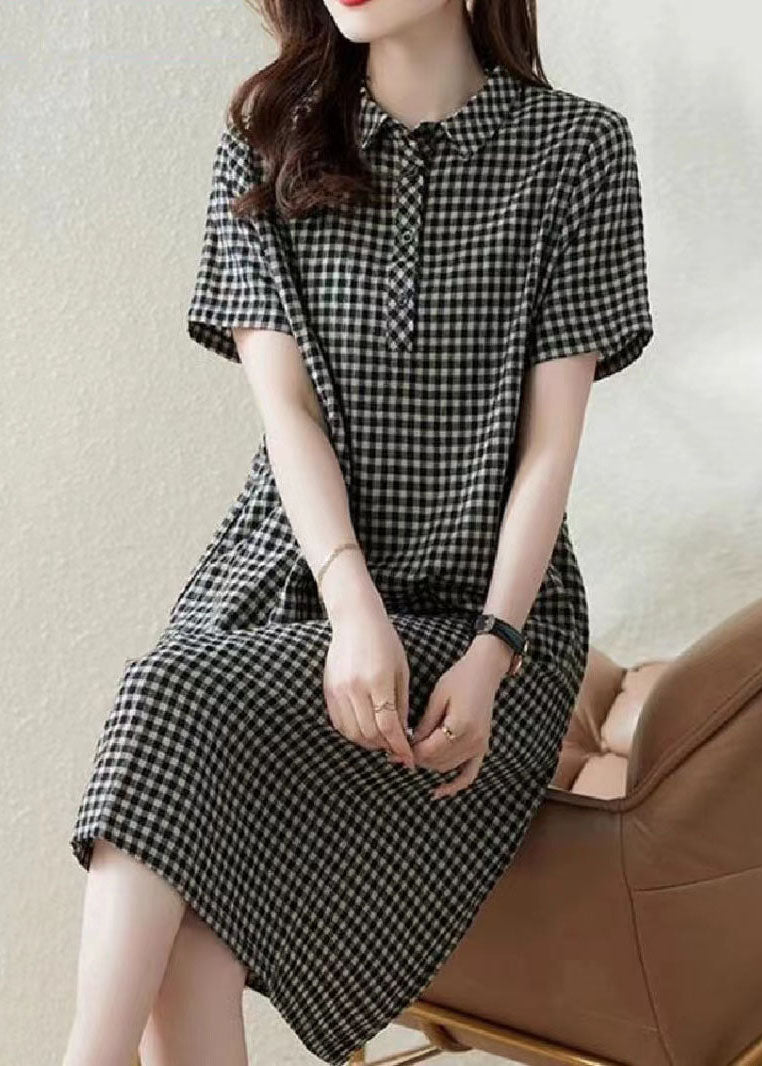 Dress Collar Summer Linen Plaid Bohemian Peter Grey Vacation Pan FashionChic