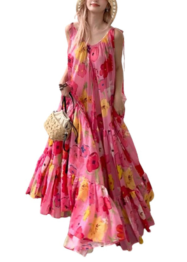 Bohemian Pink Print Wrinkled Patchwork Strap Dress Summer EE1031 SH-LF-SDL240517