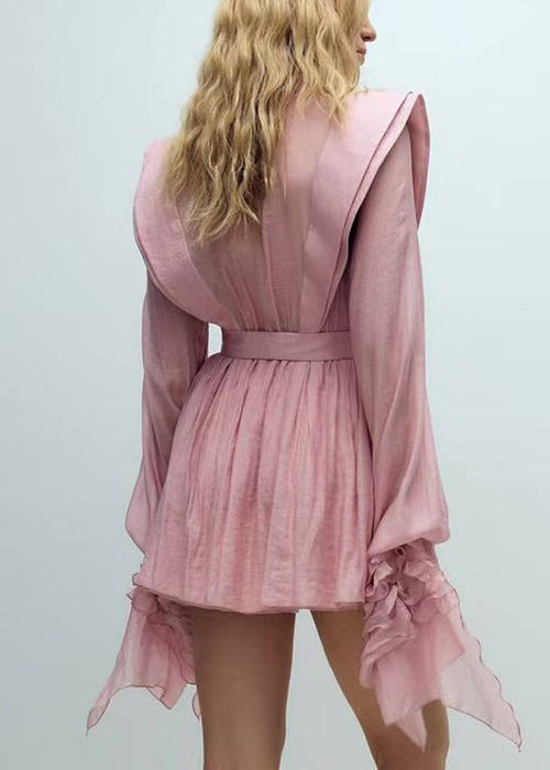 Cotton Lantern Pink Bohemian Mini Dress Sleeve Ruffled FashionChic