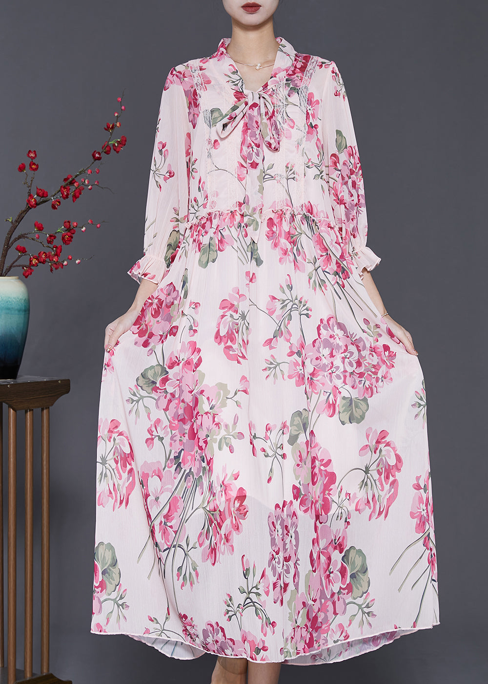 Bohemian Pink Ruffled Print Chiffon Dress Spring SD1001 Ada Fashion