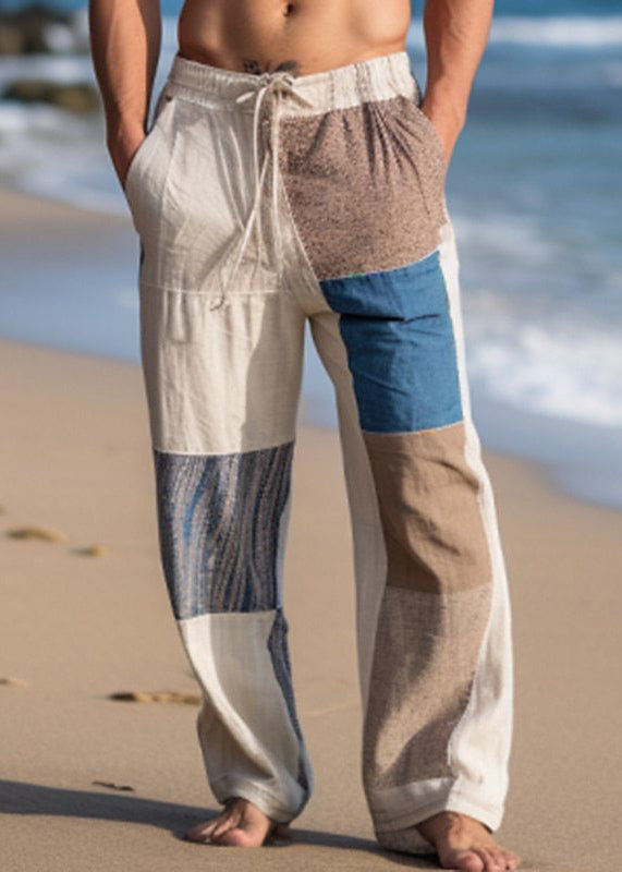Summer Bohemian Asymmetrical Pants Mens Patchwork Plaid Cotton FashionChic