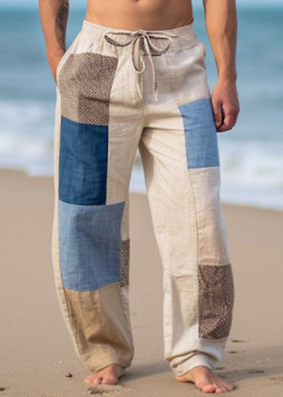 Summer Bohemian Asymmetrical Pants Mens Patchwork Plaid Cotton FashionChic
