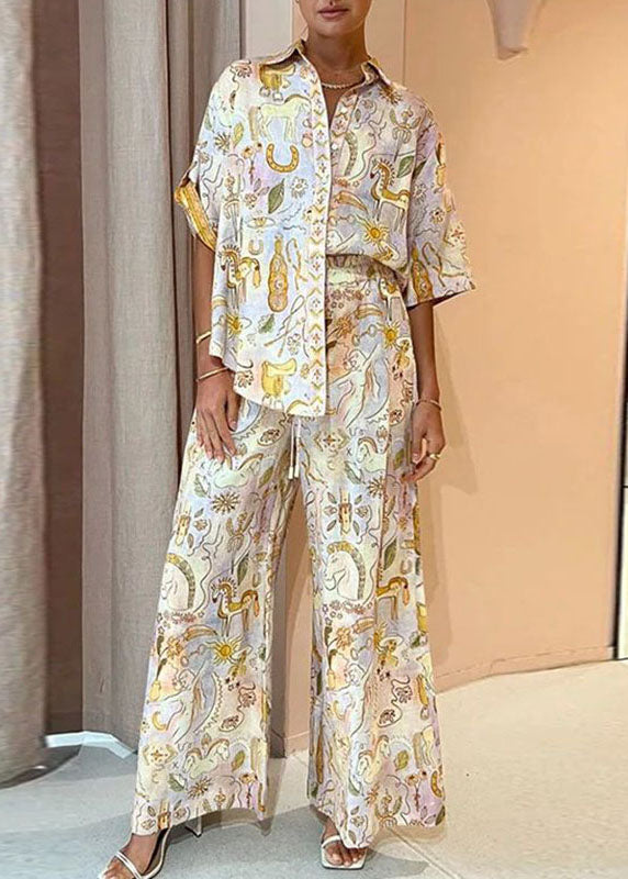 Bohemian Leg Pieces Two Pants And Print Shirts Summer Wide Set FashionChic