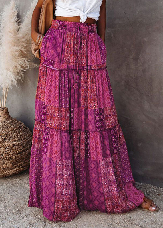 Skirt Line Print A Patchwork Ruffled Purple Bohemian FashionChic