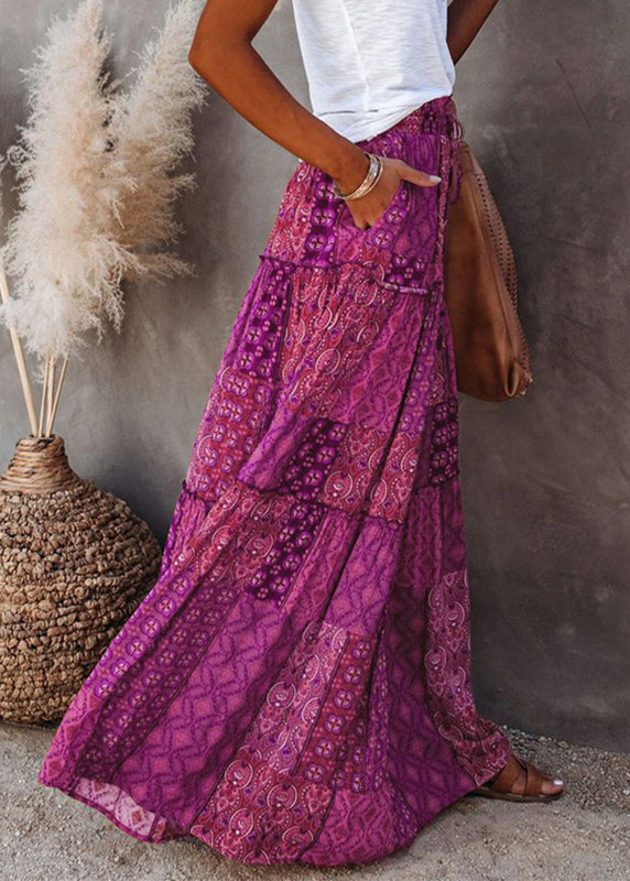 Skirt Line Print A Patchwork Ruffled Purple Bohemian FashionChic