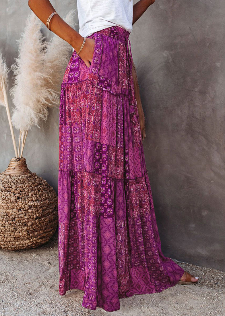 Skirt Line Print A Patchwork Ruffled Purple Bohemian FashionChic