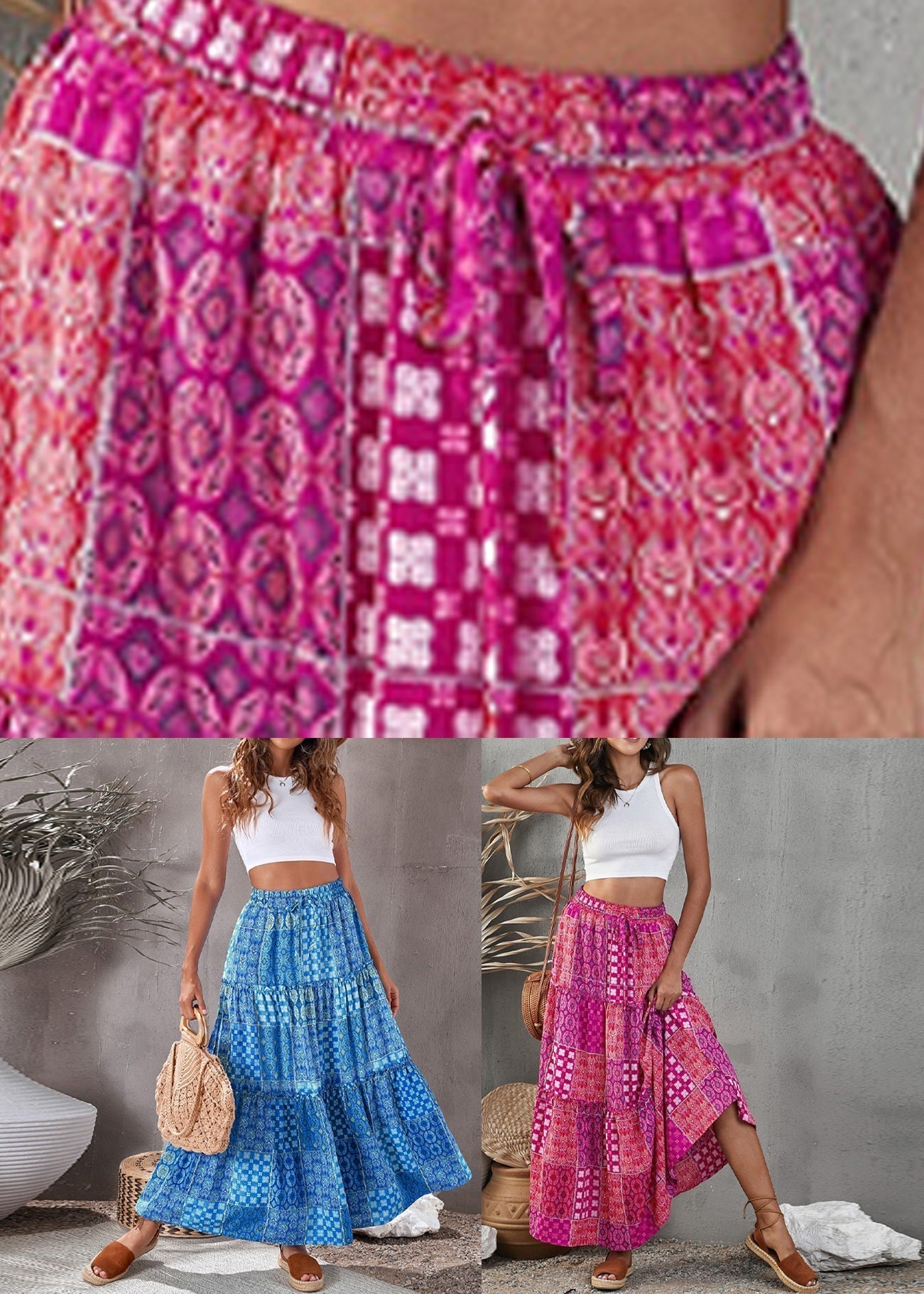 Skirt Line Print A Patchwork Ruffled Purple Bohemian FashionChic