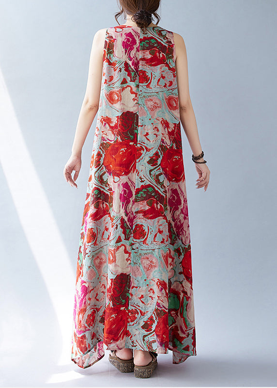 Sleeveless Red Print Oversized Dress Holiday Bohemian Cotton FashionChic