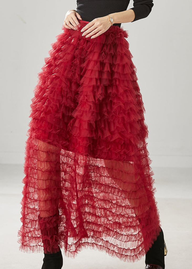 Bohemian Red Ruffled Tulle Skirt Summer YU1013 Ada Fashion
