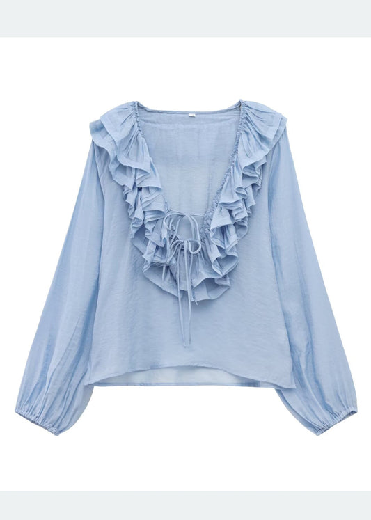 Shirt Bohemian Blue Sky Cotton Ruffled Tops Summer FashionChic