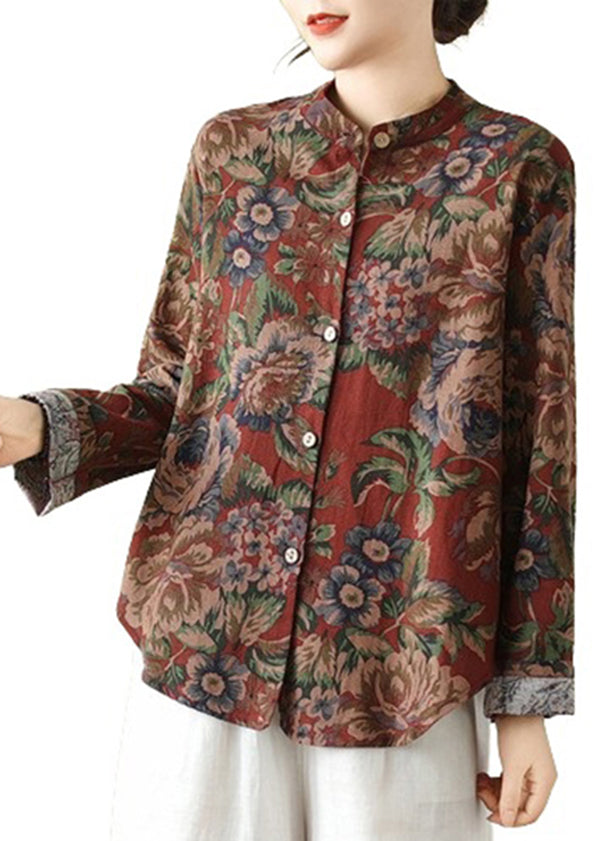 Bohemian Stand Collar Print Button Cotton Coats Fall QO075 OM-ZS241008