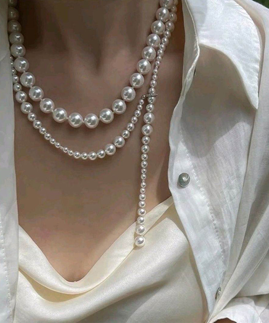 Beading Alloy Bohemian Gratuated Bead Pearl Sweater White FashionChic