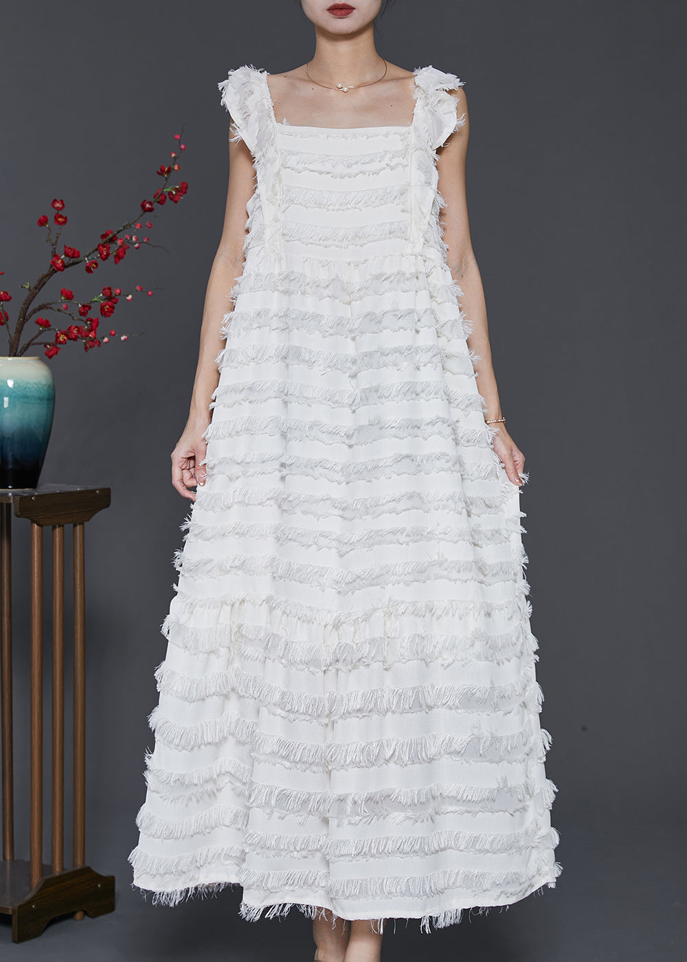 Bohemian White Tasseled Cotton Summer Dresses Sleeveless SD1011 Ada Fashion
