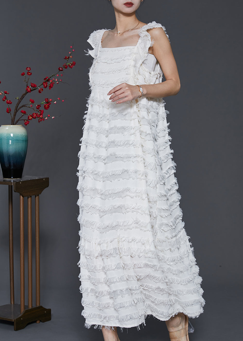 Bohemian White Tasseled Cotton Summer Dresses Sleeveless SD1011 Ada Fashion