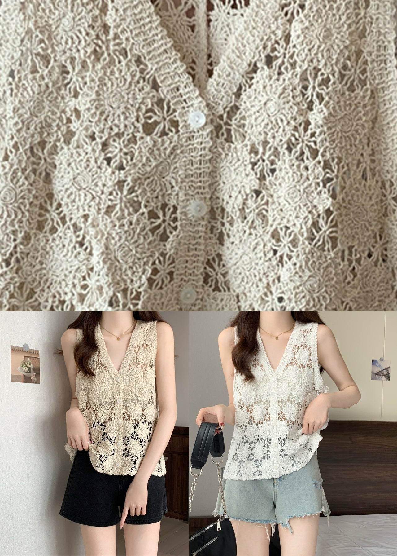 White Sleeveless Neck Tops V Bohemian Knit FashionChic