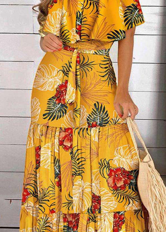 Print Shoulder Yellow Cold Bohemian Wrinkled Dress Short Maxi FashionChic