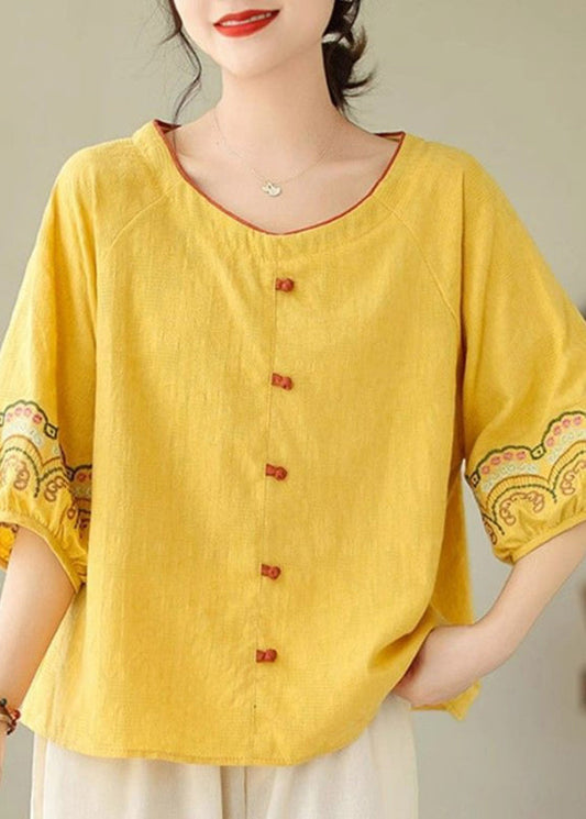 Bohemian Half Sleeve Shirt Embroidered Yellow FashionChic