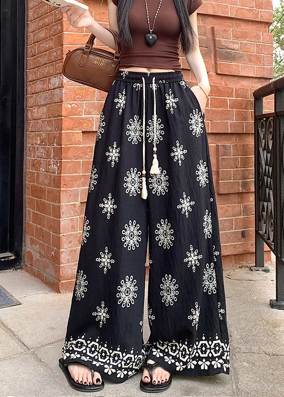 Waist Pants Cotton Boho Leg Wide Apricot Print Summer Elastic FashionChic