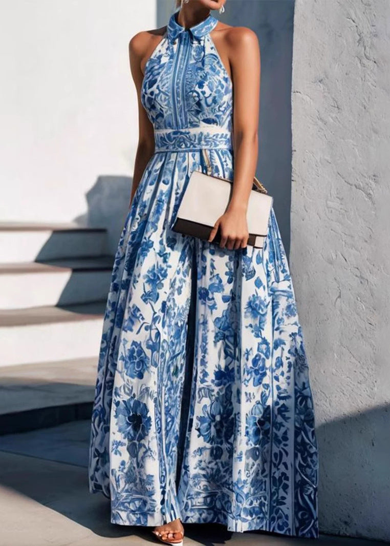 Boho Print Collar Blue Pan Dress Peter Baby Summer Maxi FashionChic