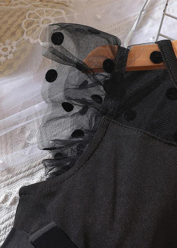 Boho Black Dot Patchwork Tie Waist Tulle Girls Mid Dresses Summer EW015 WS-JRTZSDM240810