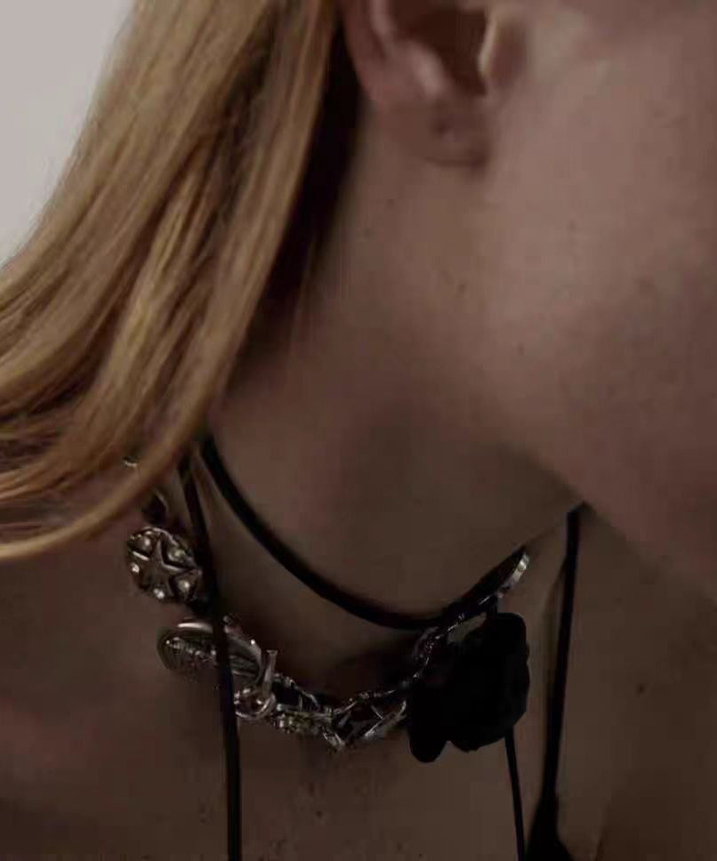 Boho Black Sterling Silver Rose Necklace YR011 ABC