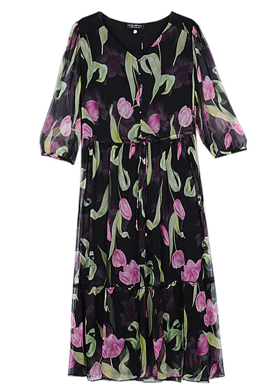 Boho Black V Neck Print Drawstring Chiffon Dress Summer BB017 Hawaii-SDL240622