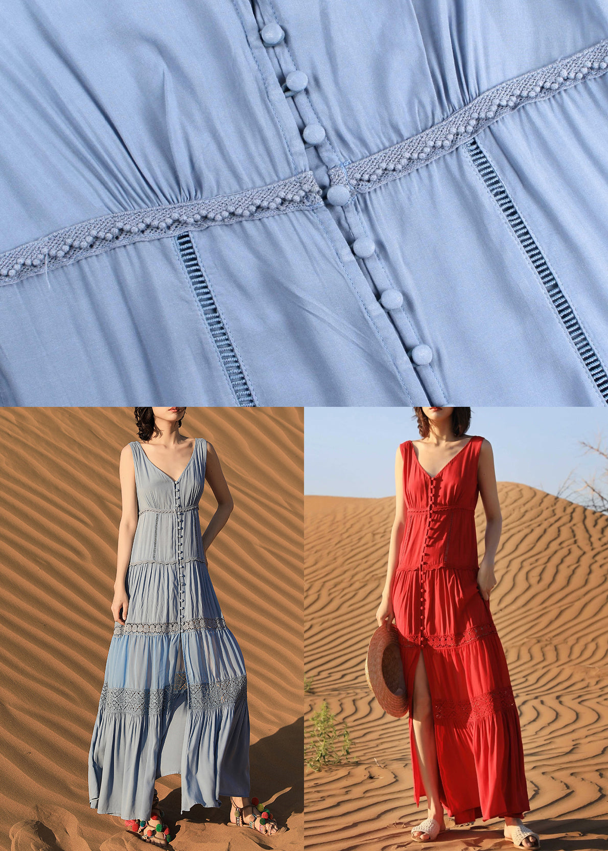 Long Dress Boho Button Blue Sleeveless Out Hollow Cotton FashionChic