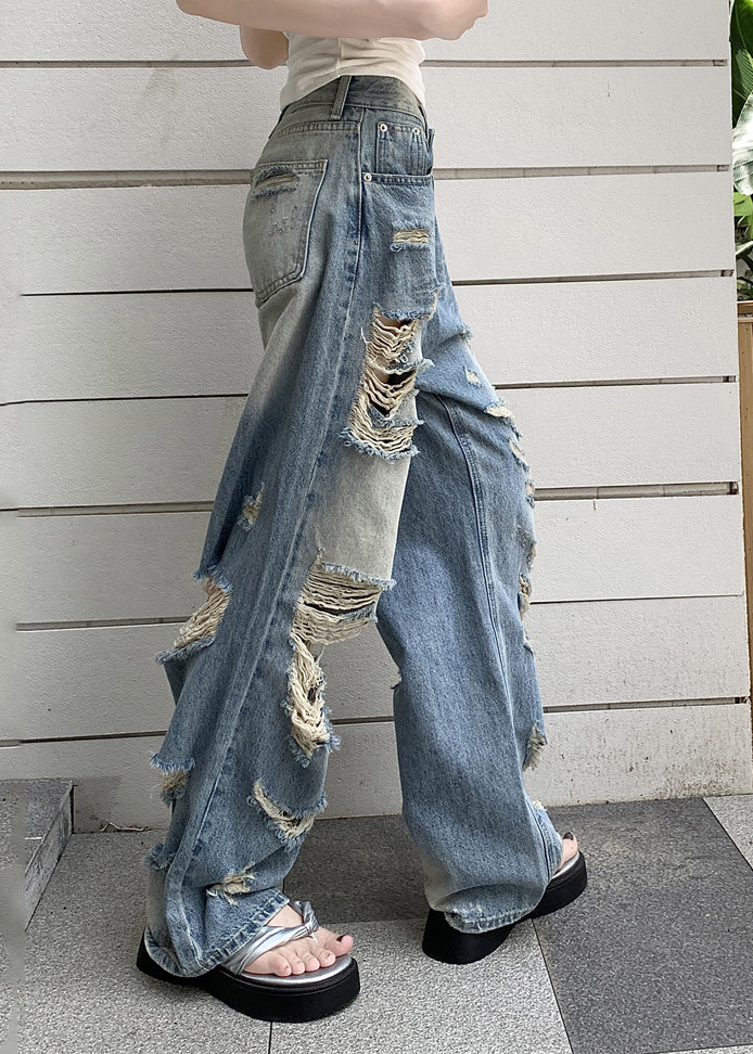 Boho Blue Pockets Patchwork Hole Denim Pants Fall QB039 HS-LPTS241025