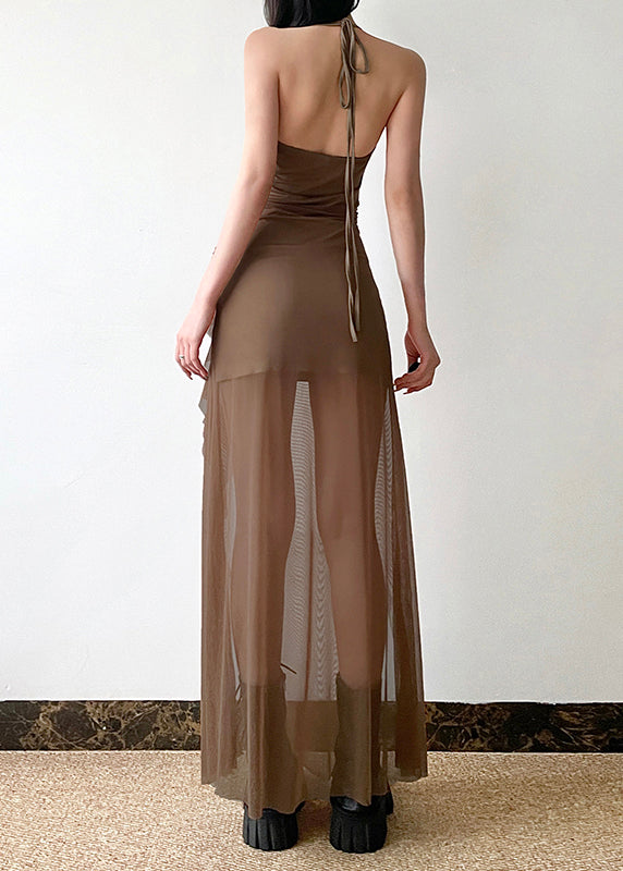 Boho Brown Side Open Silm Fit Tulle Halter Dress Summer YP036 ABC