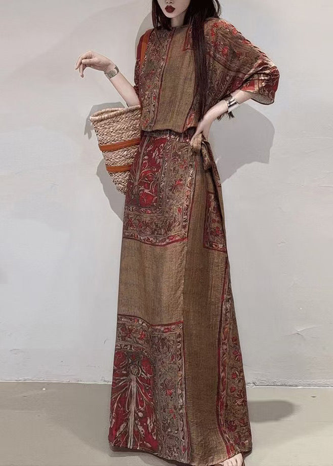 Boho Coffee Holiday Dress Cinched Print Linen Summer FashionChic